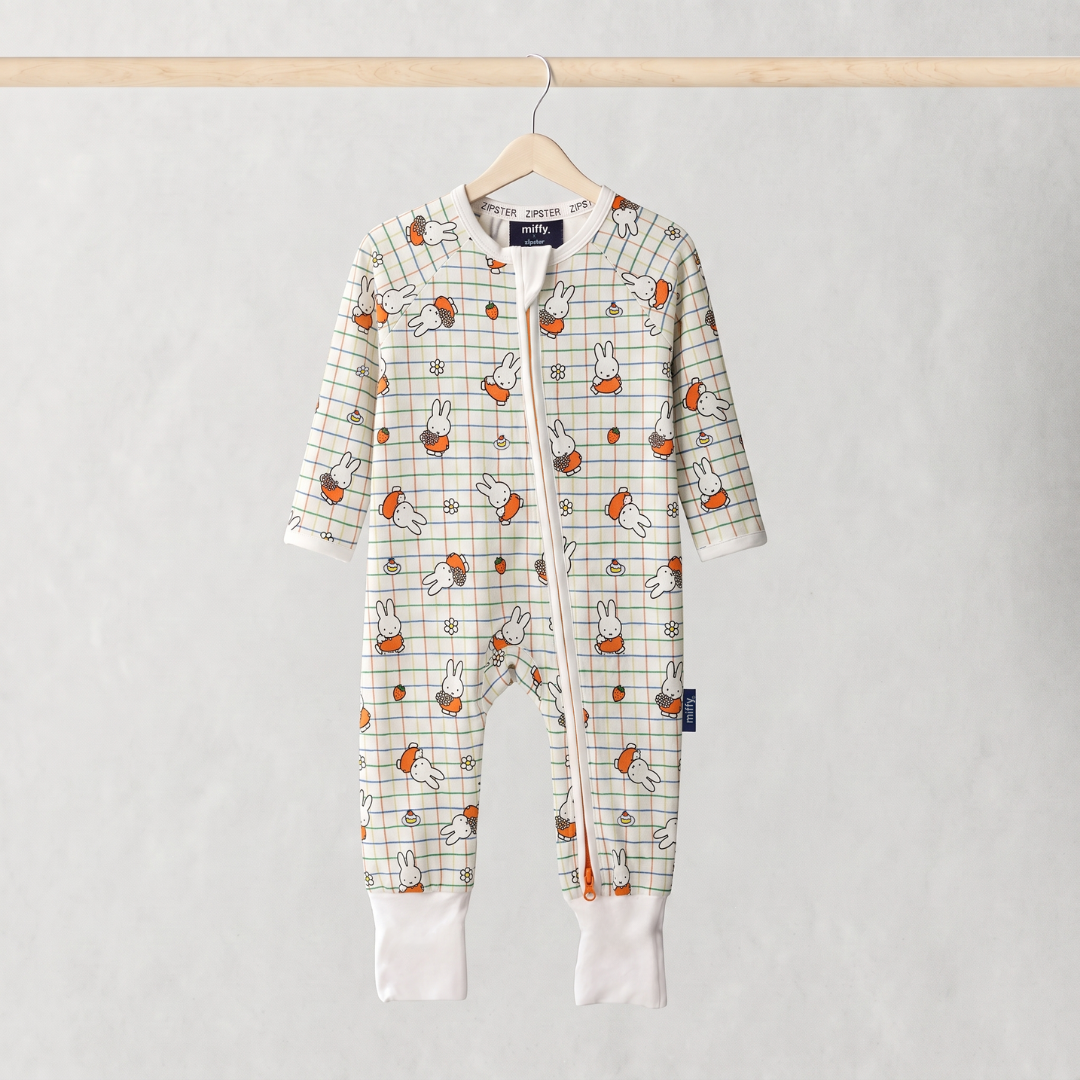 ZIPSTER x Miffy Checkered Bloom bamboo babygrow, front view